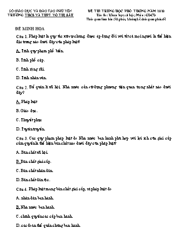 Đề minh họa thi Trung học Phổ thông năm 2020 môn Giáo dục công dân - Trường THCS&THPT Võ Thị Sáu (Có đáp án)