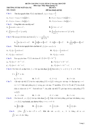 Đề ôn tập Giải tích Lớp 12 - Chương 3 - Năm học 2019-2020 - Đặng Quang Vũ