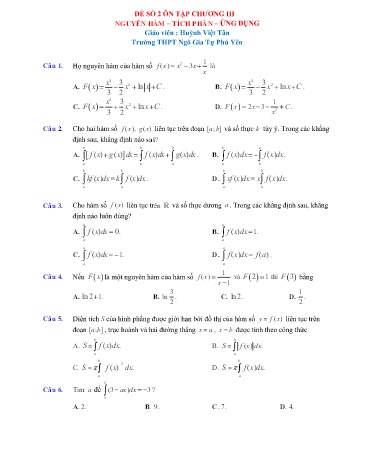 Đề ôn tập Giải tích Lớp 12 - Chương III: Nguyên hàm–Tích phân–Ứng dụng - Huỳnh Việt Tân