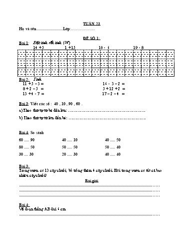 Đề ôn tập môn Toán Lớp 1 - Tuần 23