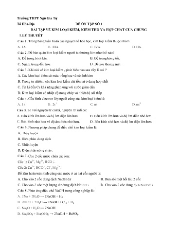 Đề ôn tập số 1 môn Hóa học Lớp 12 - Bài tập về kim loại kiềm, kiềm thổ và hợp chất của chúng - Trường THPT Ngô Gia Tự