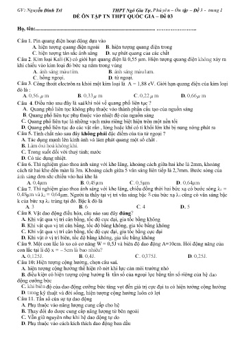 Đề ôn tập tốt nghiệp THPT Quốc gia môn Vật lý 12 - Trường THPT Ngô Gia Tự