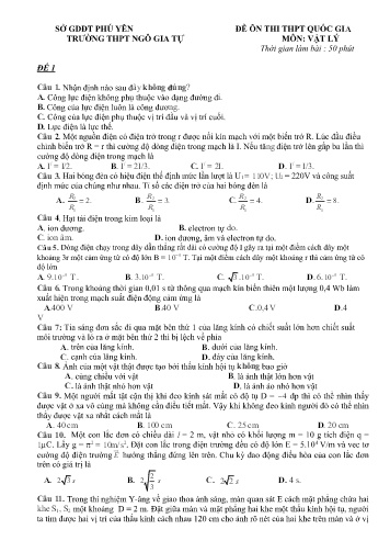 Đề ôn thi THPT Quốc gia môn Vật lý - Trường THPT Ngô Gia Tự (Có đáp án)