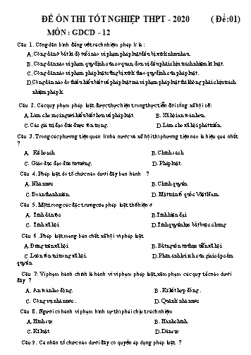Đề ôn thi tốt nghiệp THPT năm 2020 môn Giáo dục công dân Lớp 12 (Có đáp án)