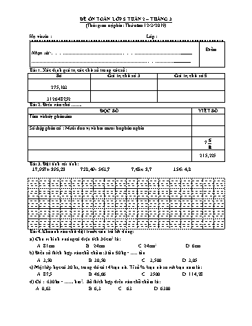 Đề ôn Toán Lớp 5 tuần 2 - Tháng 3