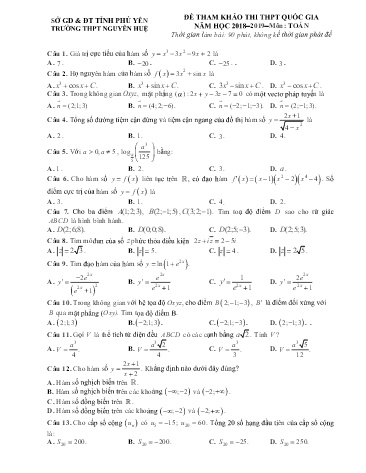 Đề tham khảo thi THPT Quốc gia môn Toán - Năm học 2018-2019 - Trường THPT Nguyễn Huệ (Có đáp án)