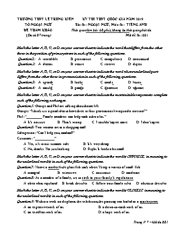 Đề tham khảo thi THPT Quốc gia năm 2019 môn Tiếng Anh - Trường THPT Lê Trung Kiên (Có đáp án)