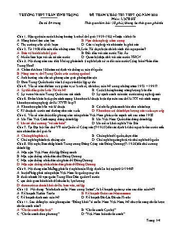 Đề tham khảo thi THPT Quốc gia năm 2020 môn Lịch sử - Trường THPT Trần Bình Trọng (Có đáp án)