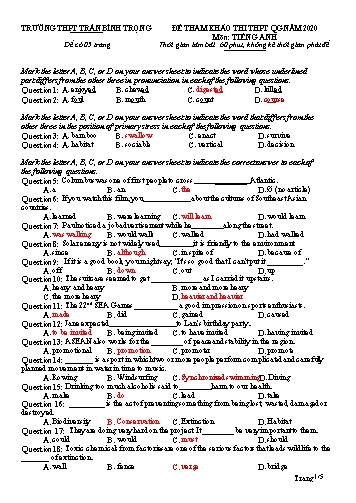 Đề tham khảo thi THPT Quốc gia năm 2020 môn Tiếng Anh - Trường THPT Trần Bình Trọng (Có đáp án)