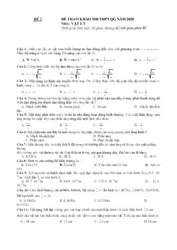 Đề tham khảo thi THPT Quốc gia năm 2020 môn Vật lý (Có đáp án)