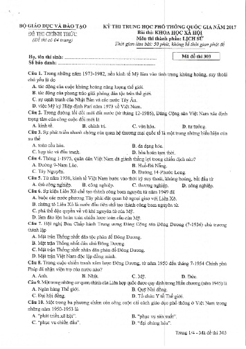 Đề thi chính thức kỳ thi Trung học Phổ thông Quốc gia năm 2017 môn Lịch sử - Mã đề thi 303