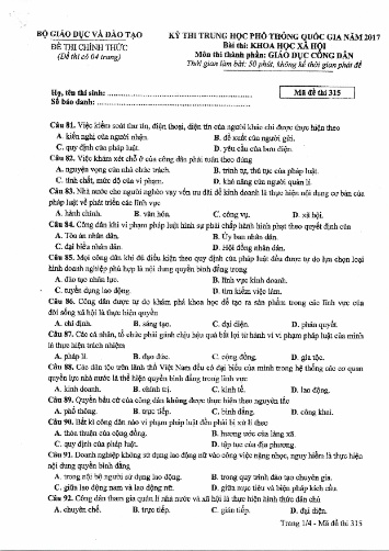 Đề thi chính thức kỳ thi Trung học Phổ thông Quốc gia năm 2017 môn Giáo dục công dân - Mã đề thi 315