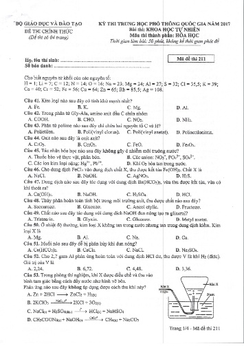 Đề thi chính thức kỳ thi Trung học Phổ thông Quốc gia năm 2017 môn Hóa học - Mã đề thi 211