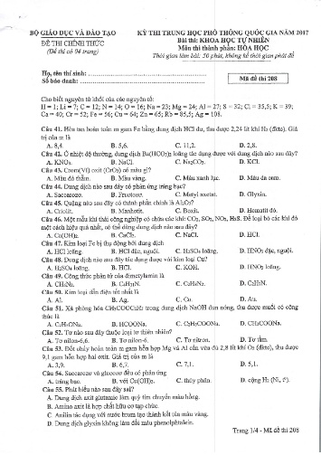Đề thi chính thức kỳ thi Trung học Phổ thông Quốc gia năm 2017 môn Hóa học - Mã đề thi 208
