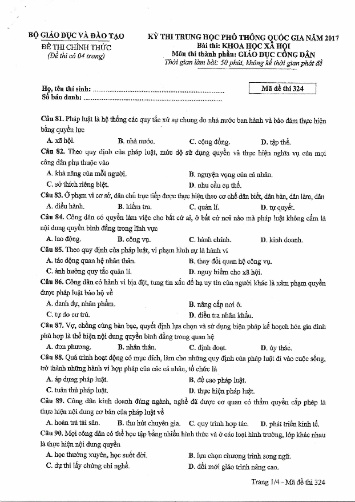 Đề thi chính thức kỳ thi Trung học Phổ thông Quốc gia năm 2017 môn Giáo dục công dân - Mã đề thi 324