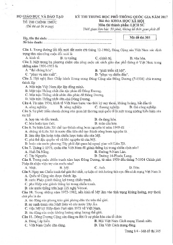 Đề thi chính thức kỳ thi Trung học Phổ thông Quốc gia năm 2017 môn Lịch sử - Mã đề thi 305