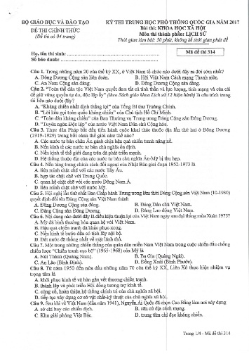 Đề thi chính thức kỳ thi Trung học Phổ thông Quốc gia năm 2017 môn Lịch sử - Mã đề thi 314