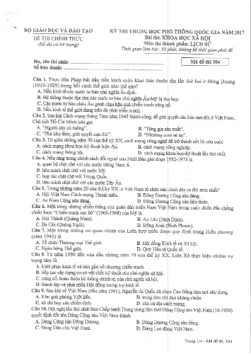 Đề thi chính thức kỳ thi Trung học Phổ thông Quốc gia năm 2017 môn Lịch sử - Mã đề thi 304