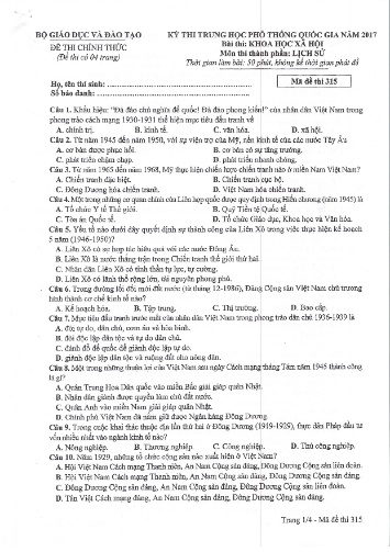 Đề thi chính thức kỳ thi Trung học Phổ thông Quốc gia năm 2017 môn Lịch sử - Mã đề thi 315