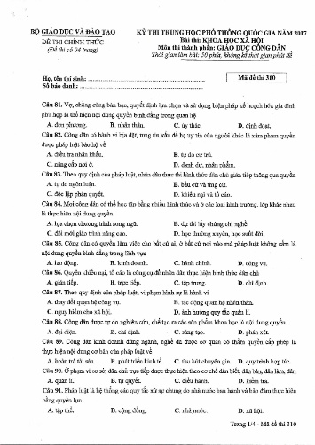 Đề thi chính thức kỳ thi Trung học Phổ thông Quốc gia năm 2017 môn Giáo dục công dân - Mã đề thi 310