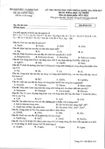 Đề thi chính thức kỳ thi Trung học Phổ thông Quốc gia năm 2017 môn Hóa học - Mã đề thi 219