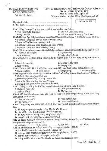 Đề thi chính thức kỳ thi Trung học Phổ thông Quốc gia năm 2017 môn Lịch sử - Mã đề thi 313