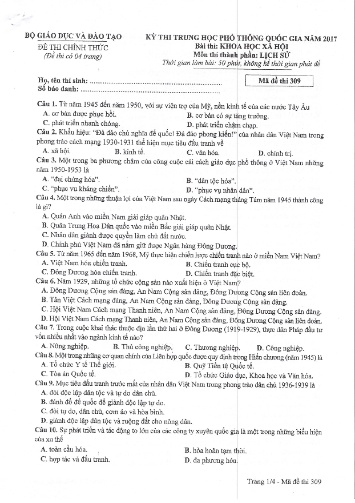 Đề thi chính thức kỳ thi Trung học Phổ thông Quốc gia năm 2017 môn Lịch sử - Mã đề thi 309