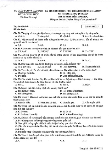 Đề thi chính thức kỳ thi Trung học Phổ thông Quốc gia năm 2017 môn Sinh học - Mã đề thi 222