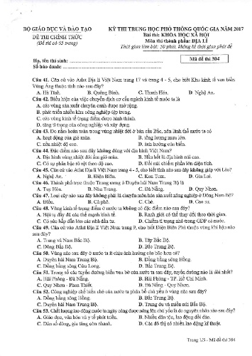 Đề thi chính thức kỳ thi Trung học Phổ thông Quốc gia năm 2017 môn Địa lí - Mã đề thi 304
