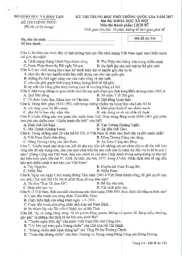 Đề thi chính thức kỳ thi Trung học Phổ thông Quốc gia năm 2017 môn Lịch sử - Mã đề thi 310