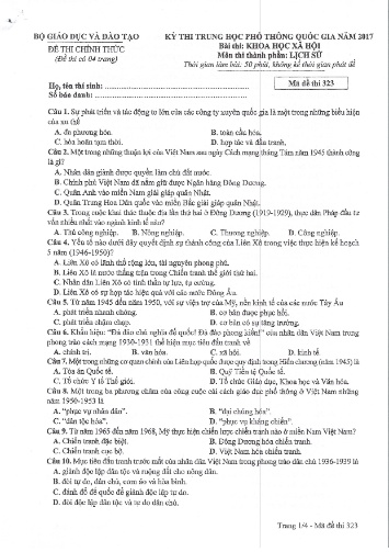 Đề thi chính thức kỳ thi Trung học Phổ thông Quốc gia năm 2017 môn Lịch sử - Mã đề thi 323