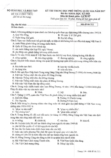 Đề thi chính thức kỳ thi Trung học Phổ thông Quốc gia năm 2017 môn Lịch sử - Mã đề thi 311