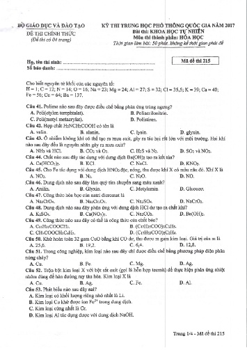 Đề thi chính thức kỳ thi Trung học Phổ thông Quốc gia năm 2017 môn Hóa học - Mã đề thi 215