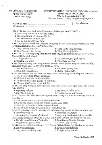 Đề thi chính thức kỳ thi Trung học Phổ thông Quốc gia năm 2017 môn Lịch sử - Mã đề thi 306