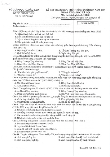 Đề thi chính thức kỳ thi Trung học Phổ thông Quốc gia năm 2017 môn Lịch sử - Mã đề thi 312