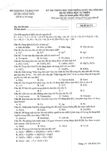 Đề thi chính thức kỳ thi Trung học Phổ thông Quốc gia năm 2017 môn Hóa học - Mã đề thi 214