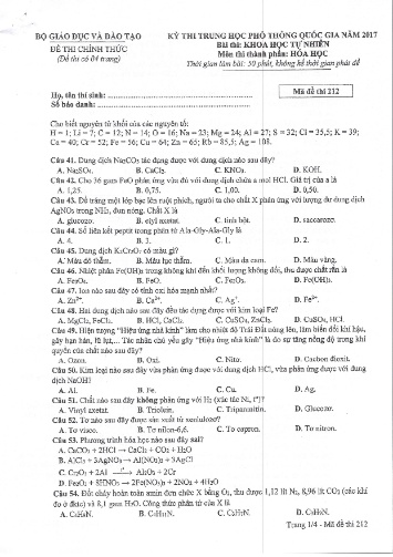Đề thi chính thức kỳ thi Trung học Phổ thông Quốc gia năm 2017 môn Hóa học - Mã đề thi 212