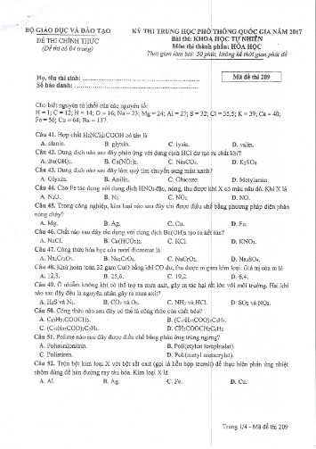 Đề thi chính thức kỳ thi Trung học Phổ thông Quốc gia năm 2017 môn Hóa học - Mã đề thi 209