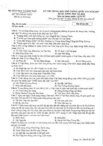 Đề thi chính thức kỳ thi Trung học Phổ thông Quốc gia năm 2017 môn Lịch sử - Mã đề thi 308