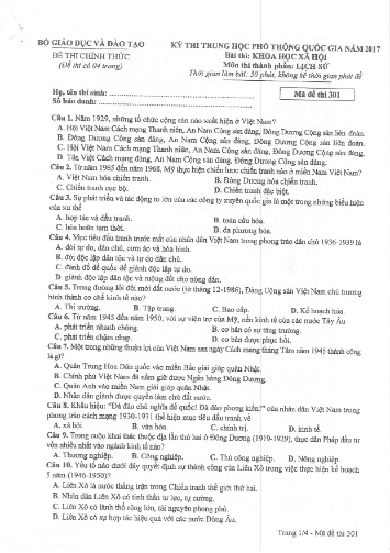 Đề thi chính thức kỳ thi Trung học Phổ thông Quốc gia năm 2017 môn Lịch sử - Mã đề thi 301