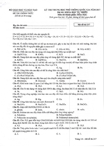 Đề thi chính thức kỳ thi Trung học Phổ thông Quốc gia năm 2017 môn Hóa học - Mã đề thi 217