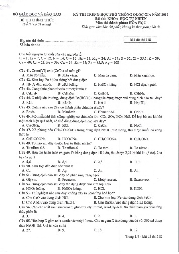 Đề thi chính thức kỳ thi Trung học Phổ thông Quốc gia năm 2017 môn Hóa học - Mã đề thi 218