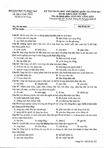 Đề thi chính thức kỳ thi Trung học Phổ thông Quốc gia năm 2017 môn Giáo dục công dân - Mã đề thi 307
