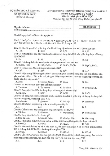 Đề thi chính thức kỳ thi Trung học Phổ thông Quốc gia năm 2017 môn Hóa học - Mã đề thi 204