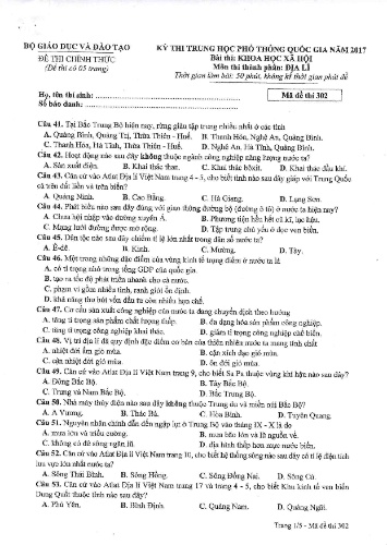 Đề thi chính thức kỳ thi Trung học Phổ thông Quốc gia năm 2017 môn Địa lí - Mã đề thi 302