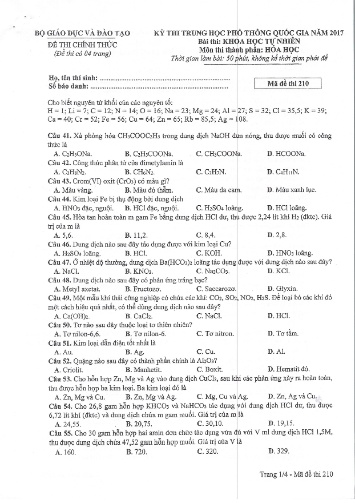 Đề thi chính thức kỳ thi Trung học Phổ thông Quốc gia năm 2017 môn Hóa học - Mã đề thi 210
