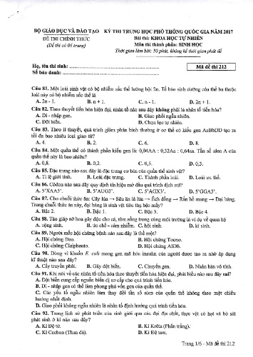 Đề thi chính thức kỳ thi Trung học Phổ thông Quốc gia năm 2017 môn Sinh học - Mã đề thi 212