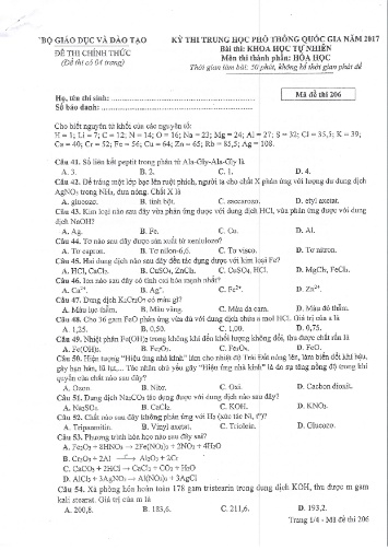 Đề thi chính thức kỳ thi Trung học Phổ thông Quốc gia năm 2017 môn Hóa học - Mã đề thi 206