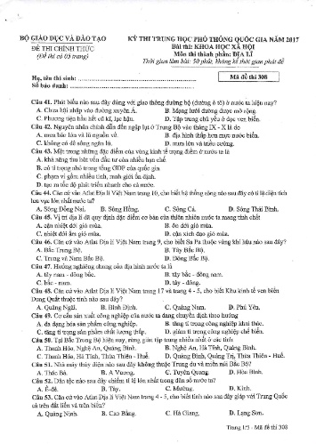 Đề thi chính thức kỳ thi Trung học Phổ thông Quốc gia năm 2017 môn Địa lí - Mã đề thi 308