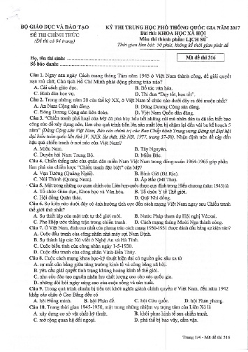 Đề thi chính thức kỳ thi Trung học Phổ thông Quốc gia năm 2017 môn Lịch sử - Mã đề thi 316